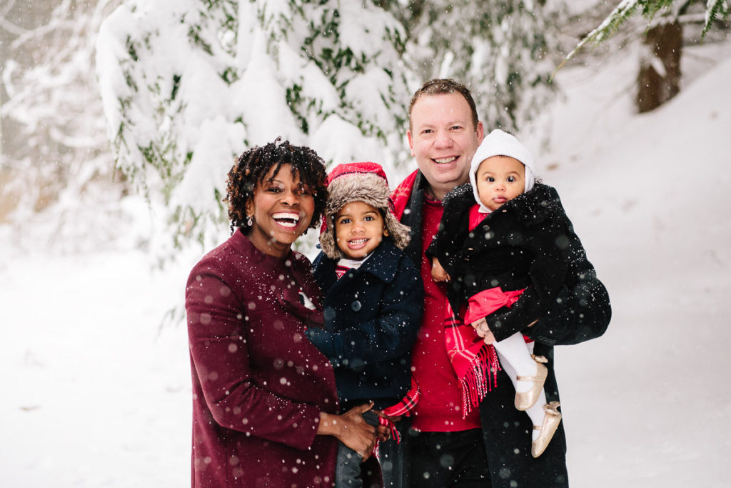 family of four standing in the snow Saratoga New York Family photography