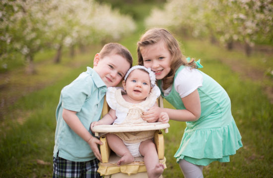 Baby girl with big brother and sister in the apple blossoms