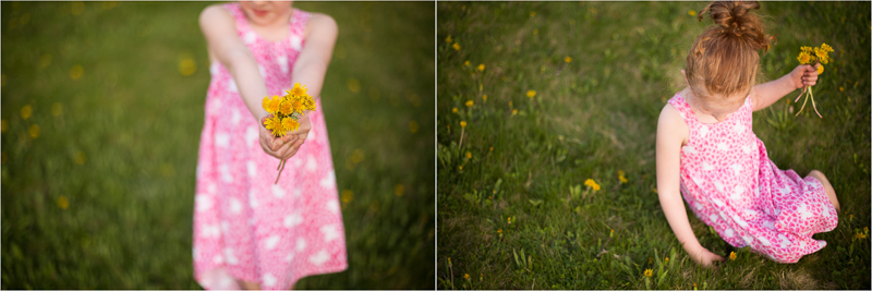 girl in pink dress picking dandelions 