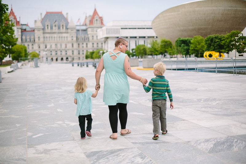 Mom walking with kids in Albany NY