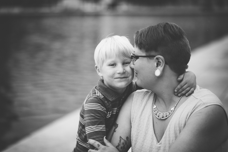 black and white mom gazing at son