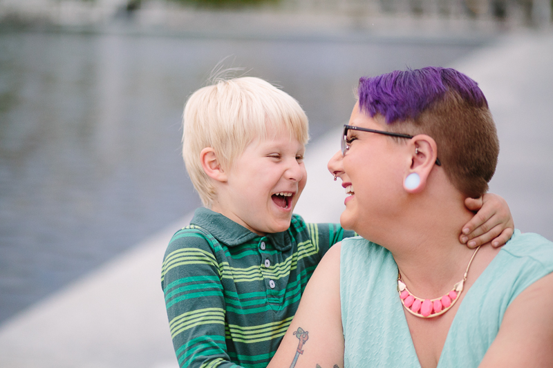 mom and son laughing at Empire State Plaza
