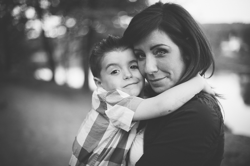 Mom and son close up black and white portrait