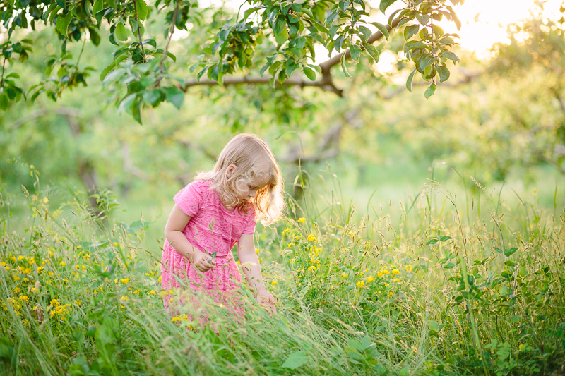 girl in pink dress picking flowers
