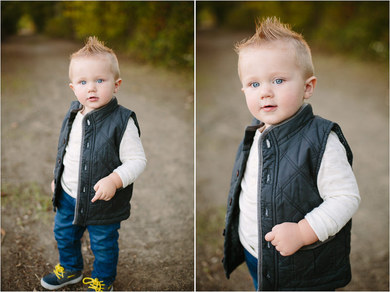 two pictures of toddler boy in blue vest