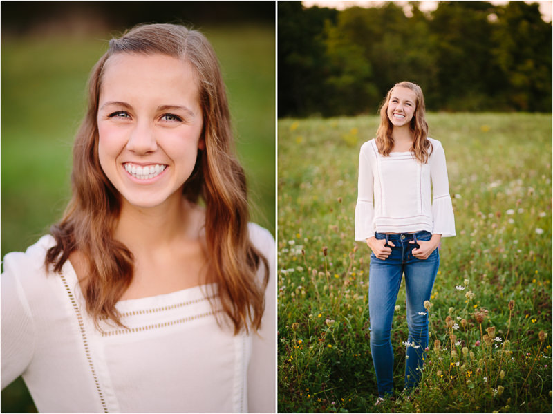two pictures of senior girl with white top and jeans