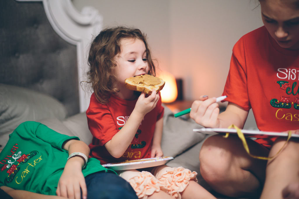 peanut butter toast snack on mom bed