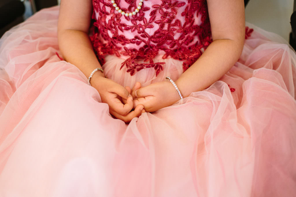 girl hands on lap with pink princess dress