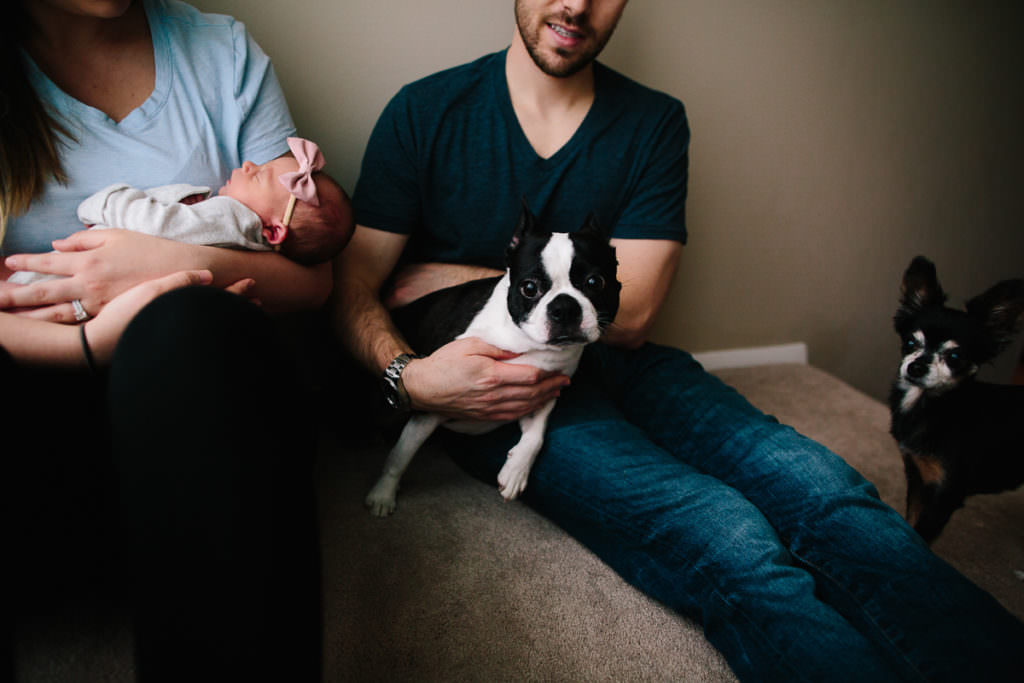 man woman two dogs one baby