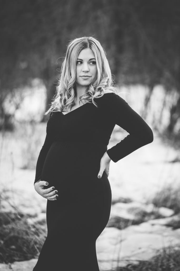 Black and white photography pregnant mom in black dress in Clifton Park NY
