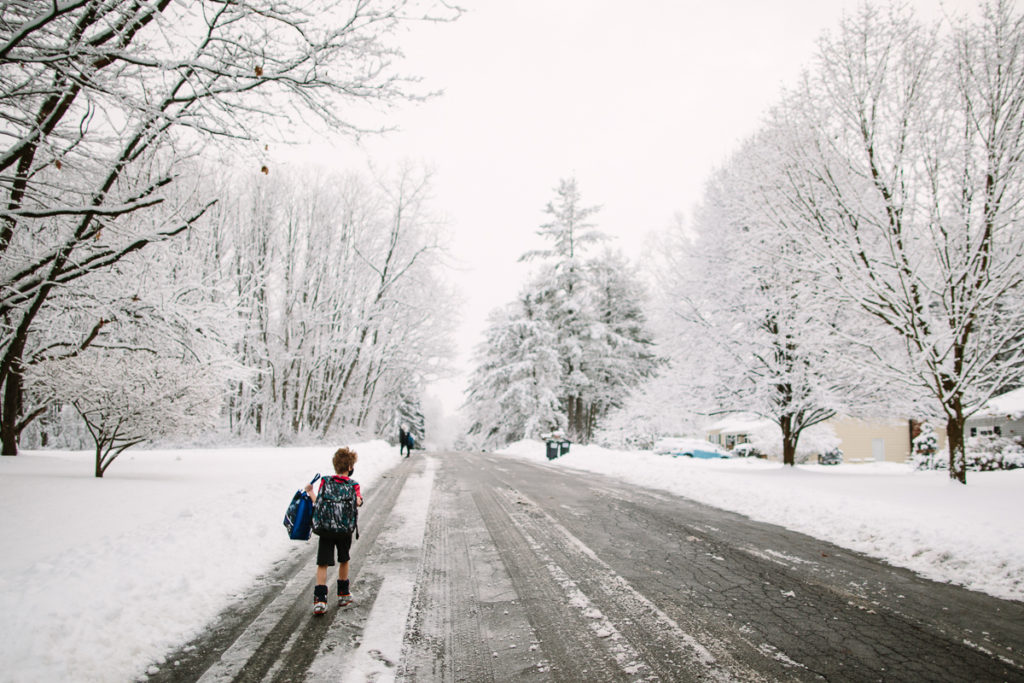 walking to bus with shorts in the snow upstate ny photographer