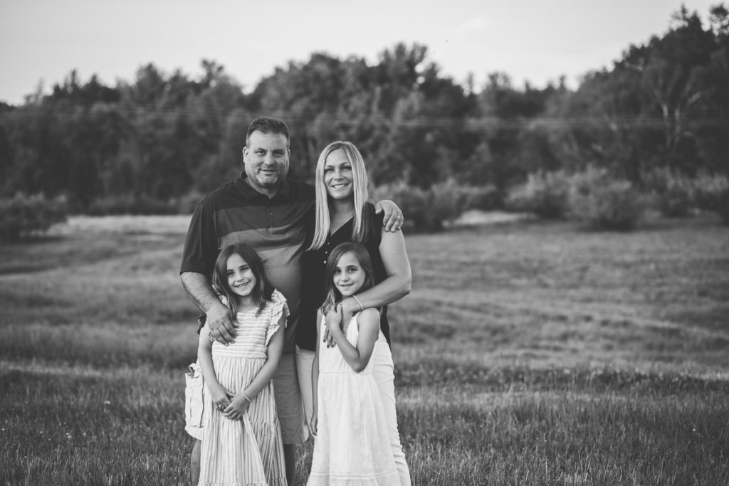 Black and White portrait of family with twins