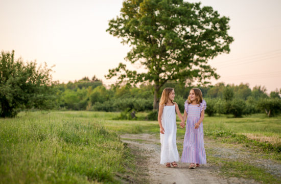 twin girls walking through an apple orchard clifton Park NY
