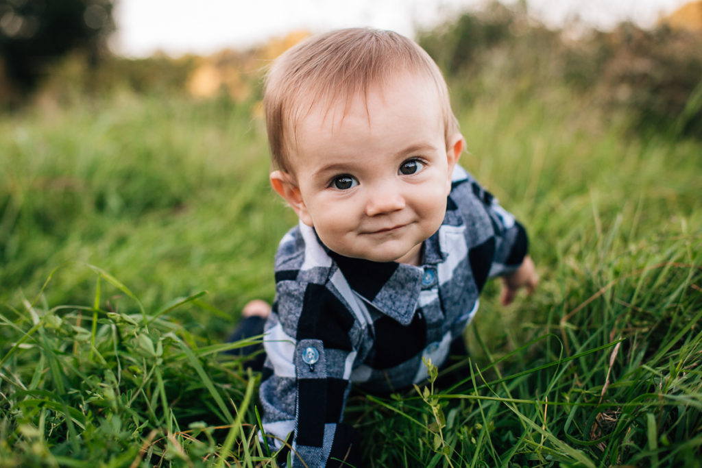 sweet baby boy crawling in the grass
